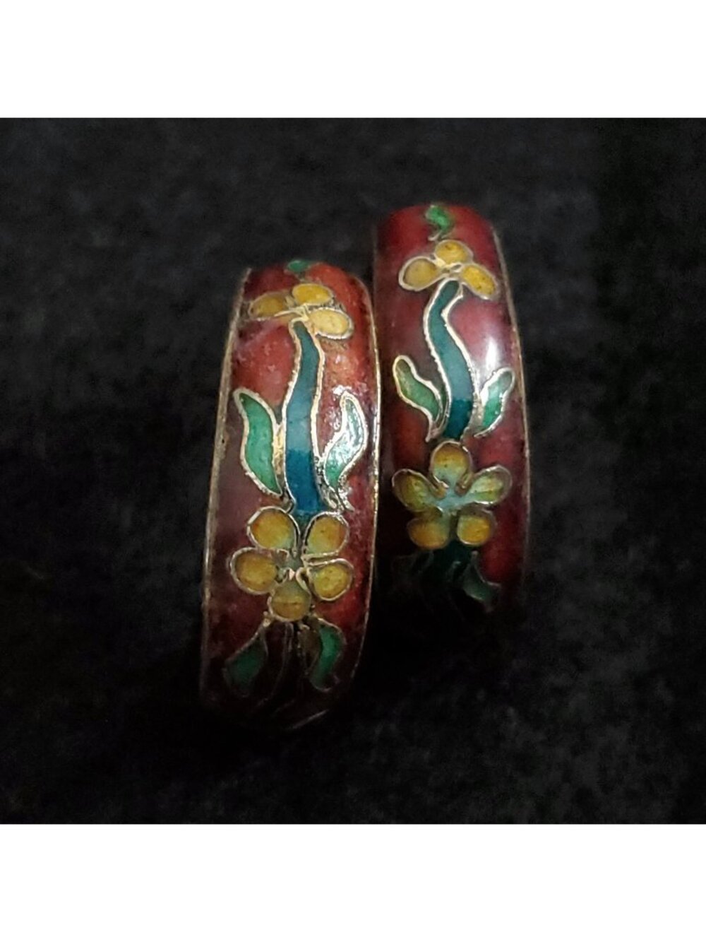 Vintage Floral Cloisonne Earrings Hoop Red Gold Tone Pierced Boho 1"